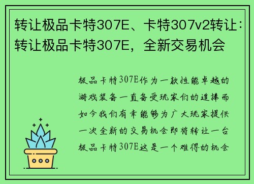 转让极品卡特307E、卡特307v2转让：转让极品卡特307E，全新交易机会