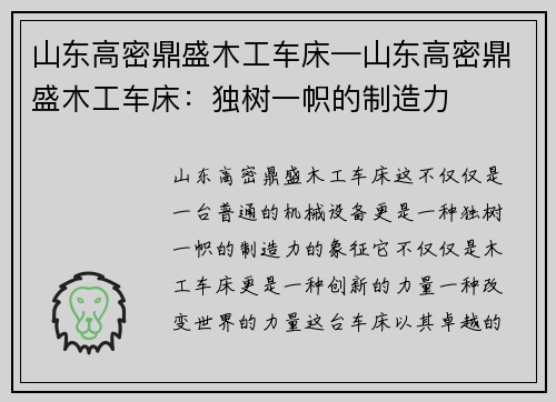 山东高密鼎盛木工车床—山东高密鼎盛木工车床：独树一帜的制造力